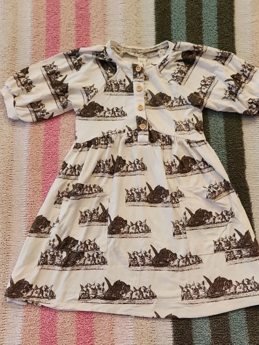 kate quinn 2t Boho Bohemian Cream Dress with Brown Bunny Rabbit Print